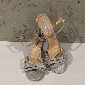 American Glamour Badgley Mischka Glittery Silver Heeled Sandals - Size 19